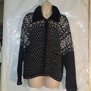 YARNWORKS Ramie Wool Blend Full Zipper Sweater Faux Fur Collar Lightweight L Blk